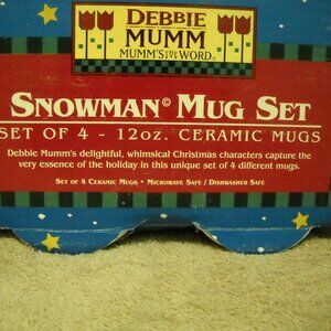 DEBBIE MUMM Vintage Set of 4 Ceramic 12oz Coffee Mugs Snowman